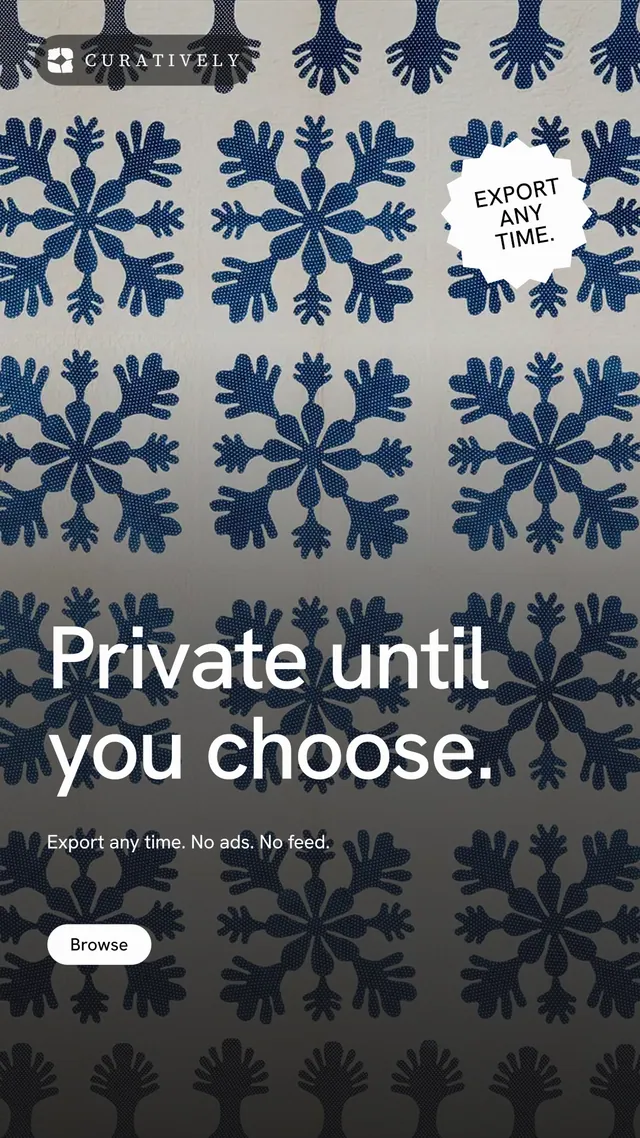 Instagram story for Curatively: "Private until you choose." Photo poster style, sticker layout, dark palette in grey, black.