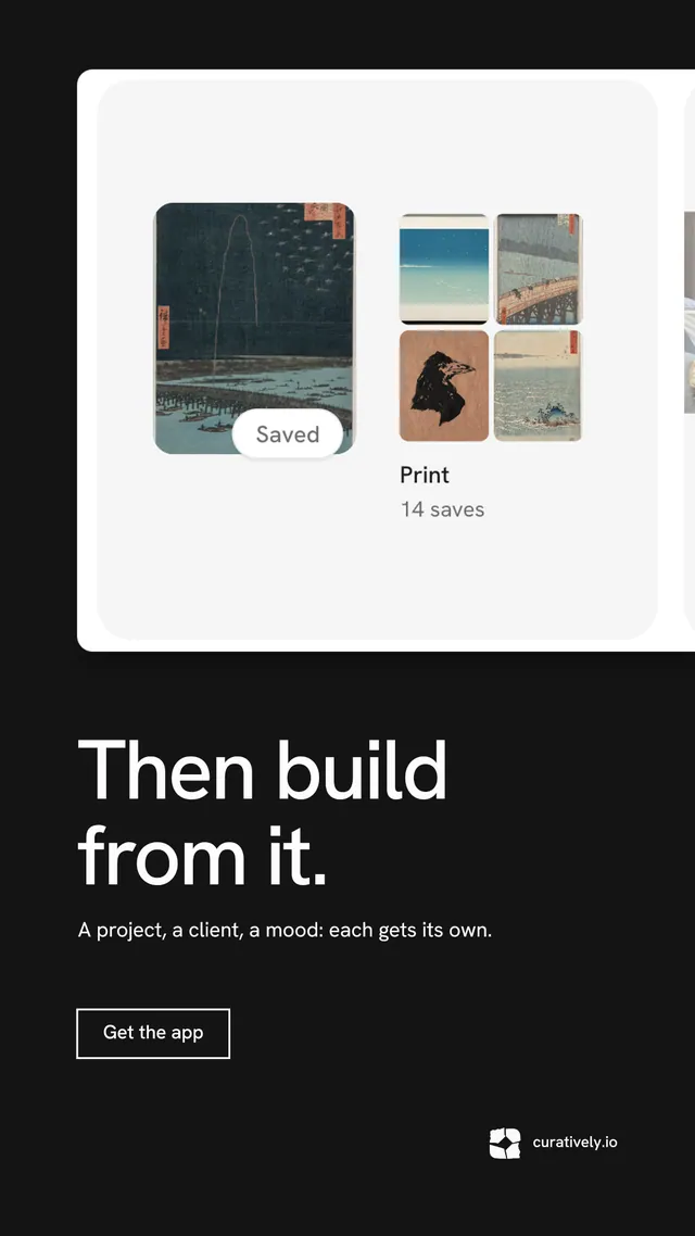 Instagram story for Curatively: "Then build from it." Editorial style, bottom layout, dark palette in black, white, grey.