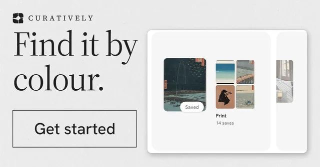 Social ad for Curatively: "Find it by colour." Editorial style, skeleton layout, light palette in white, grey.