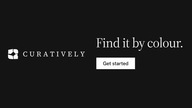 Landscape graphic for Curatively: "Find it by colour." Split block style, logo hero layout, dark palette in black.