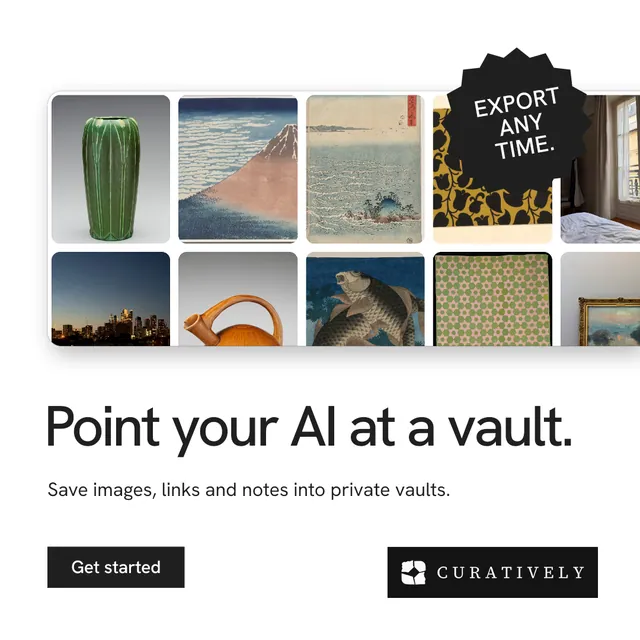 Instagram post for Curatively: "Point your AI at a vault." Swiss style, sticker layout, light palette in white, grey.