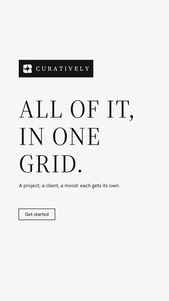 Instagram story for Curatively: "All of it, in one grid." Editorial style, announce layout, light palette in white.