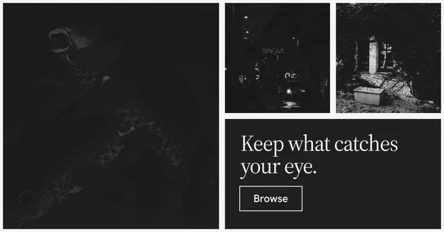 Social ad for Curatively: "Keep what catches your eye." Editorial style, collage layout, dark palette in black, grey.