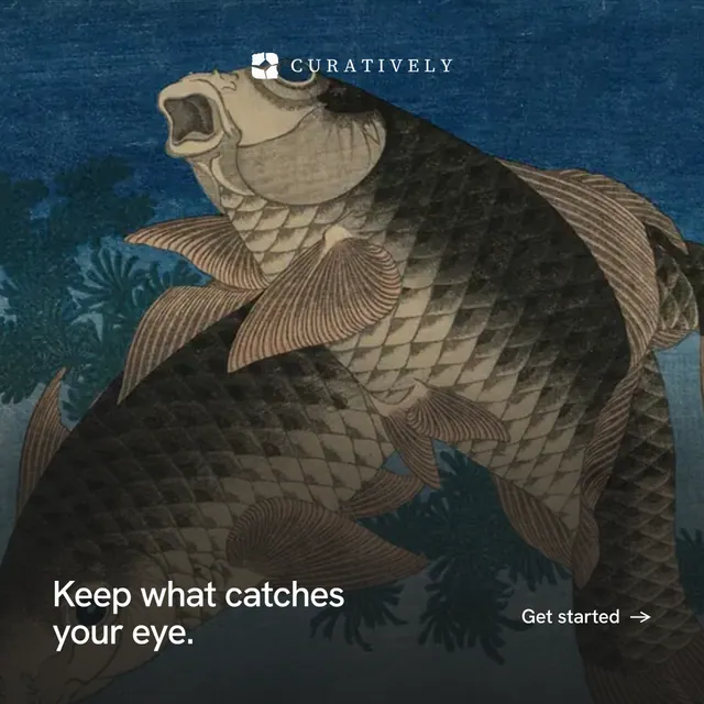 Instagram post for Curatively: "Keep what catches your eye." Swiss style, image led layout, dark palette in black, blue, grey.