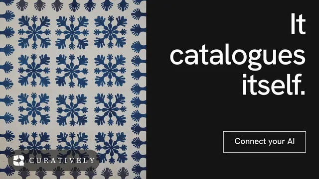 Landscape graphic for Curatively: "It catalogues itself." Editorial style, right layout, dark palette in black, grey.