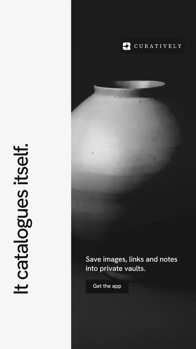 Instagram story for Curatively: "It catalogues itself." Swiss style, vertical layout, light palette in white, black, grey.