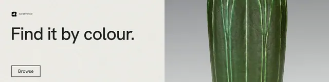 LinkedIn banner for Curatively: "Find it by colour." Editorial style, bottom layout, light palette in white, green, grey.