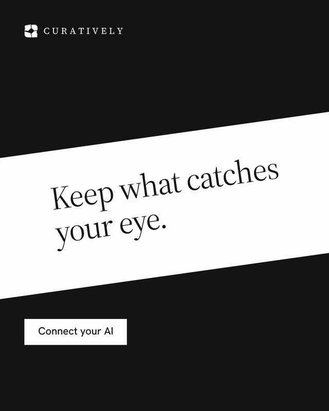Instagram portrait post for Curatively: "Keep what catches your eye." Split block style, diagonal layout, dark palette in black, white, grey.