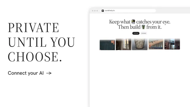 Landscape graphic for Curatively: "Private until you choose." Minimal luxury style, browser layout, light palette in white, grey.