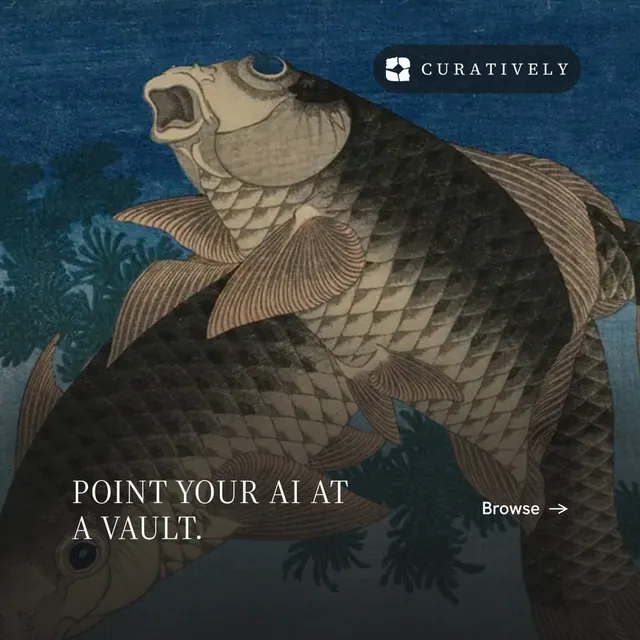 Instagram post for Curatively: "Point your AI at a vault." Minimal luxury style, image led layout, dark palette in black, blue, grey.