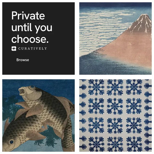 Instagram post for Curatively: "Private until you choose." Swiss style, collage layout, light palette in black, grey, white.