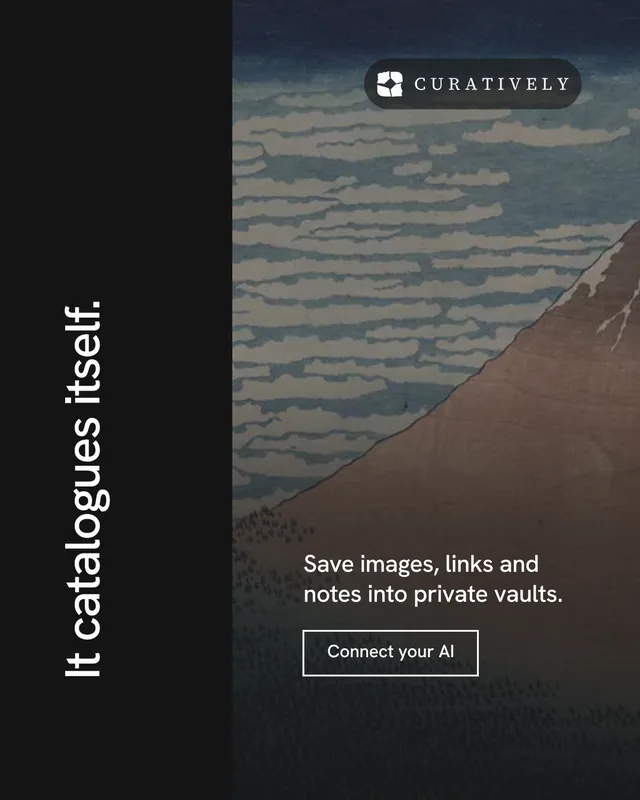 Instagram portrait post for Curatively: "It catalogues itself." Editorial style, vertical layout, dark palette in black, grey.