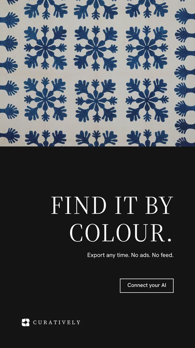 Instagram story for Curatively: "Find it by colour." Editorial style, right layout, dark palette in black, grey, blue.