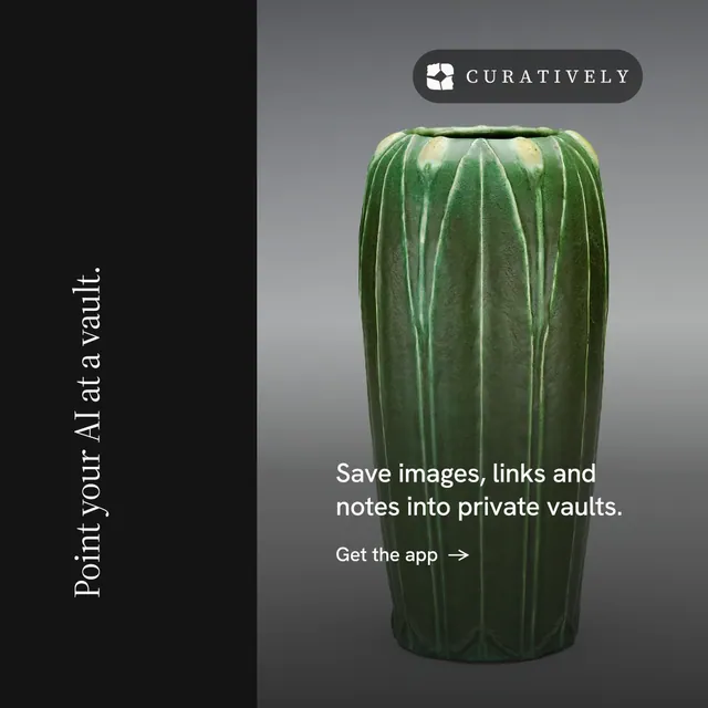Instagram post for Curatively: "Point your AI at a vault." Minimal luxury style, vertical layout, dark palette in black, grey.