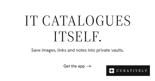 Social ad for Curatively: "It catalogues itself." Minimal luxury style, centred layout, light palette in white, grey.