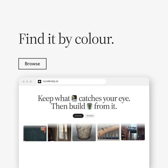 Instagram post for Curatively: "Find it by colour." Editorial style, browser layout, light palette in white, grey.