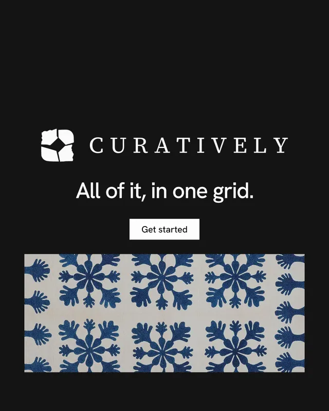 Instagram portrait post for Curatively: "All of it, in one grid." Split block style, logo hero layout, dark palette in black, grey.