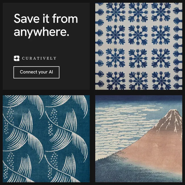 Instagram post for Curatively: "Save it from anywhere." Editorial style, collage layout, dark palette in black, blue, grey.
