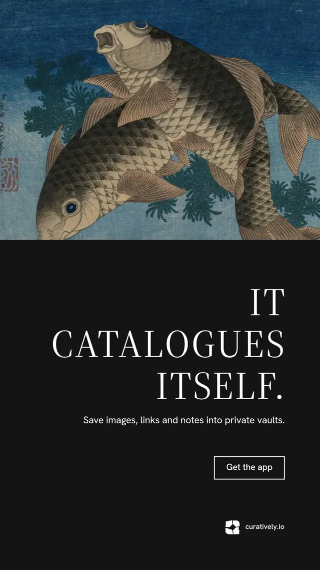 Instagram story for Curatively: "It catalogues itself." Editorial style, right layout, dark palette in black, blue, grey.