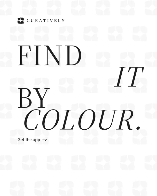 Instagram portrait post for Curatively: "Find it by colour." Minimal luxury style, stacked layout, light palette in white.