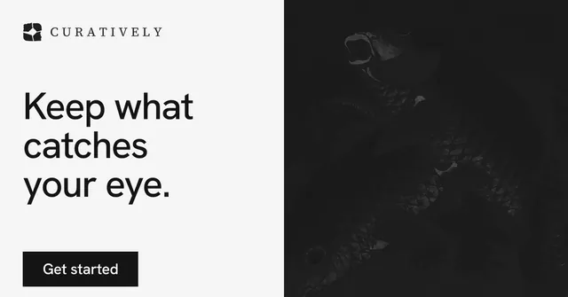 Social ad for Curatively: "Keep what catches your eye." Swiss style, bottom layout, light palette in white, black.