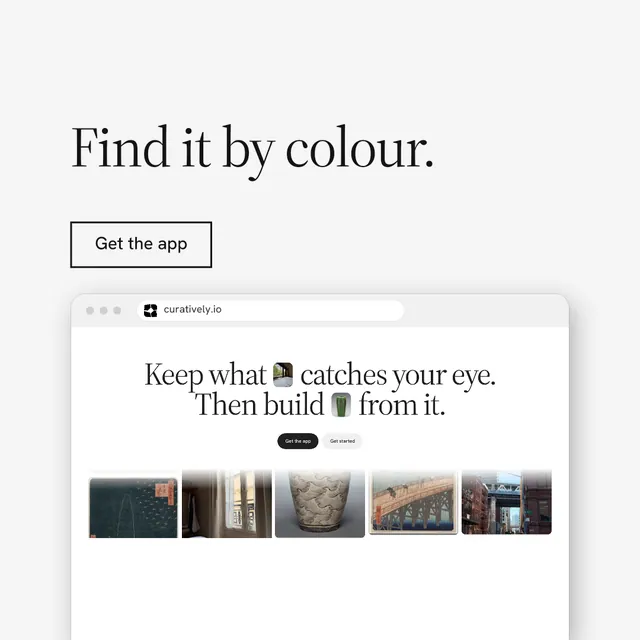 Instagram post for Curatively: "Find it by colour." Editorial style, browser layout, light palette in white, grey.