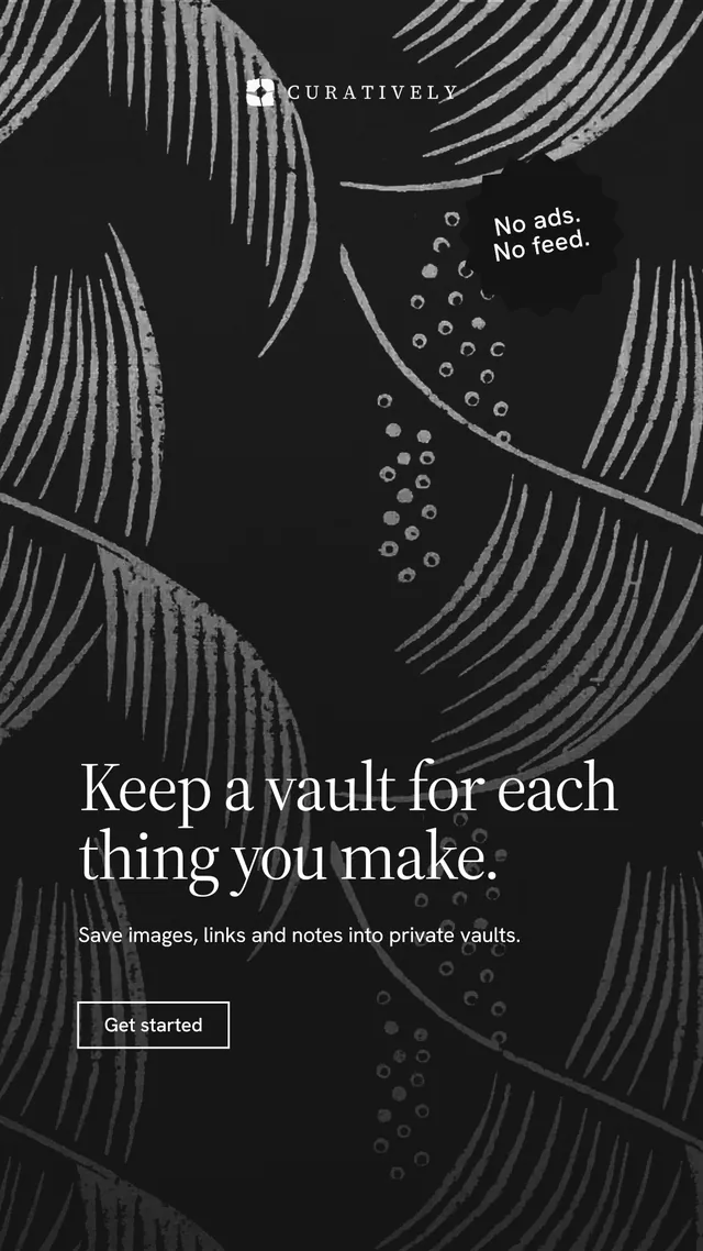 Instagram story for Curatively: "Keep a vault for each thing you make." Editorial style, sticker layout, dark palette in black, grey.