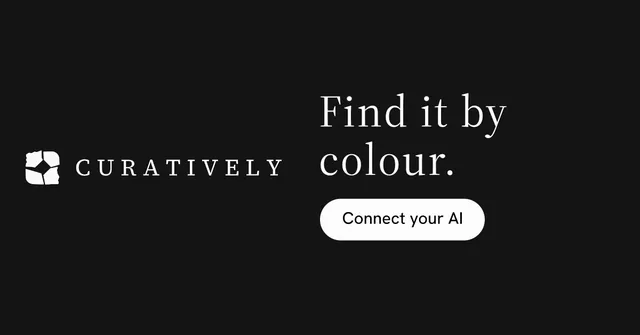 Social ad for Curatively: "Find it by colour." Photo poster style, logo hero layout, dark palette in black.