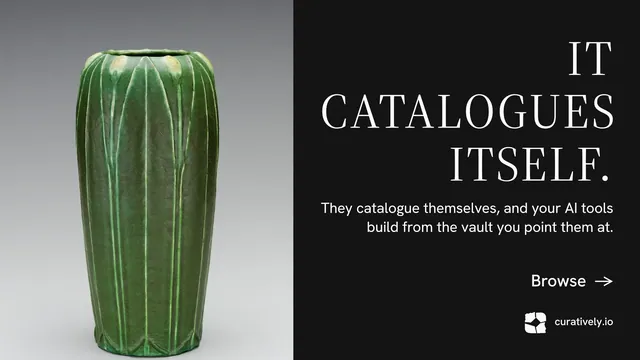 Landscape graphic for Curatively: "It catalogues itself." Minimal luxury style, right layout, dark palette in black, grey.