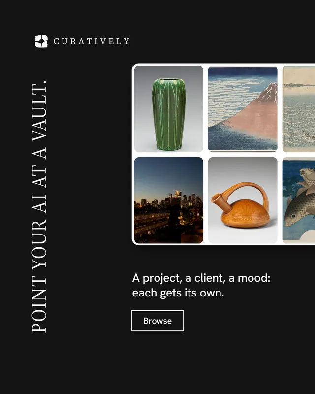 Instagram portrait post for Curatively: "Point your AI at a vault." Editorial style, vertical layout, dark palette in black, grey.
