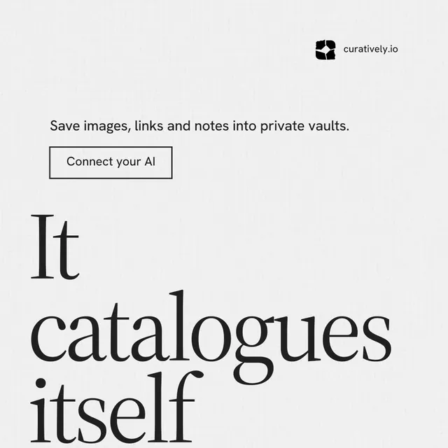 Instagram post for Curatively: "Point your AI at a vault." Editorial style, oversized layout, light palette in white, grey.