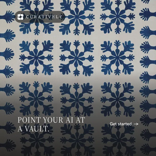 Instagram post for Curatively: "Point your AI at a vault." Minimal luxury style, image led layout, dark palette in grey, blue.