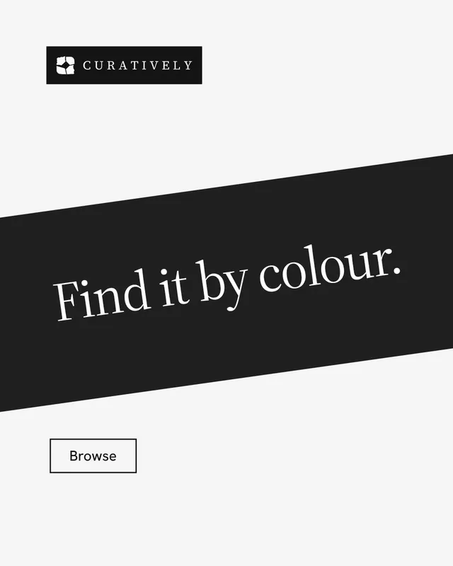 Instagram portrait post for Curatively: "Find it by colour." Editorial style, diagonal layout, light palette in white, black.