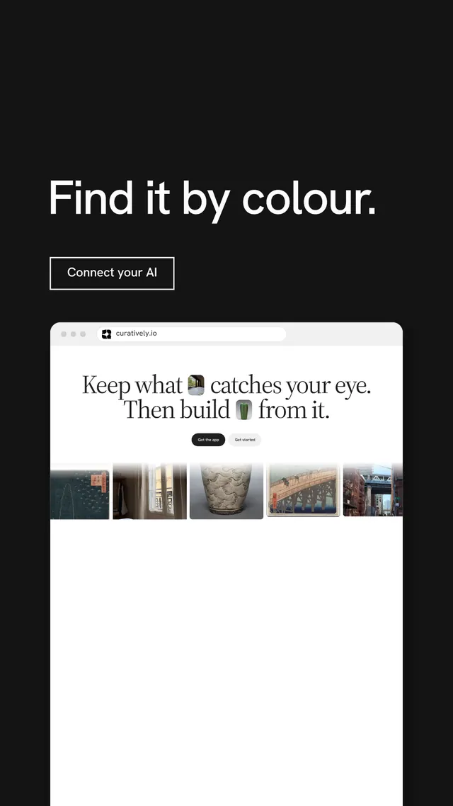 Instagram story for Curatively: "Find it by colour." Editorial style, browser layout, light palette in black, white, grey.