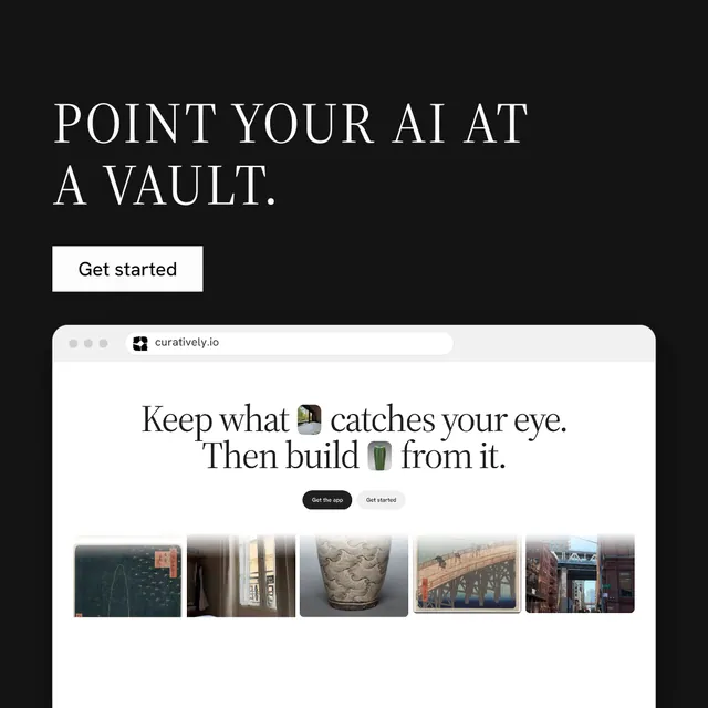 Instagram post for Curatively: "Point your AI at a vault." Split block style, browser layout, light palette in black, white, grey.
