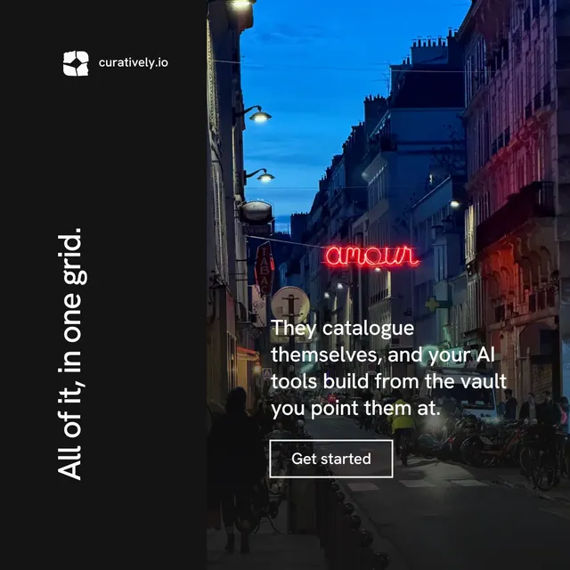 Instagram post for Curatively: "All of it, in one grid." Editorial style, vertical layout, dark palette in black, blue.