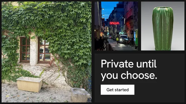 Landscape graphic for Curatively: "Private until you choose." Swiss style, collage layout, dark palette in black, grey.