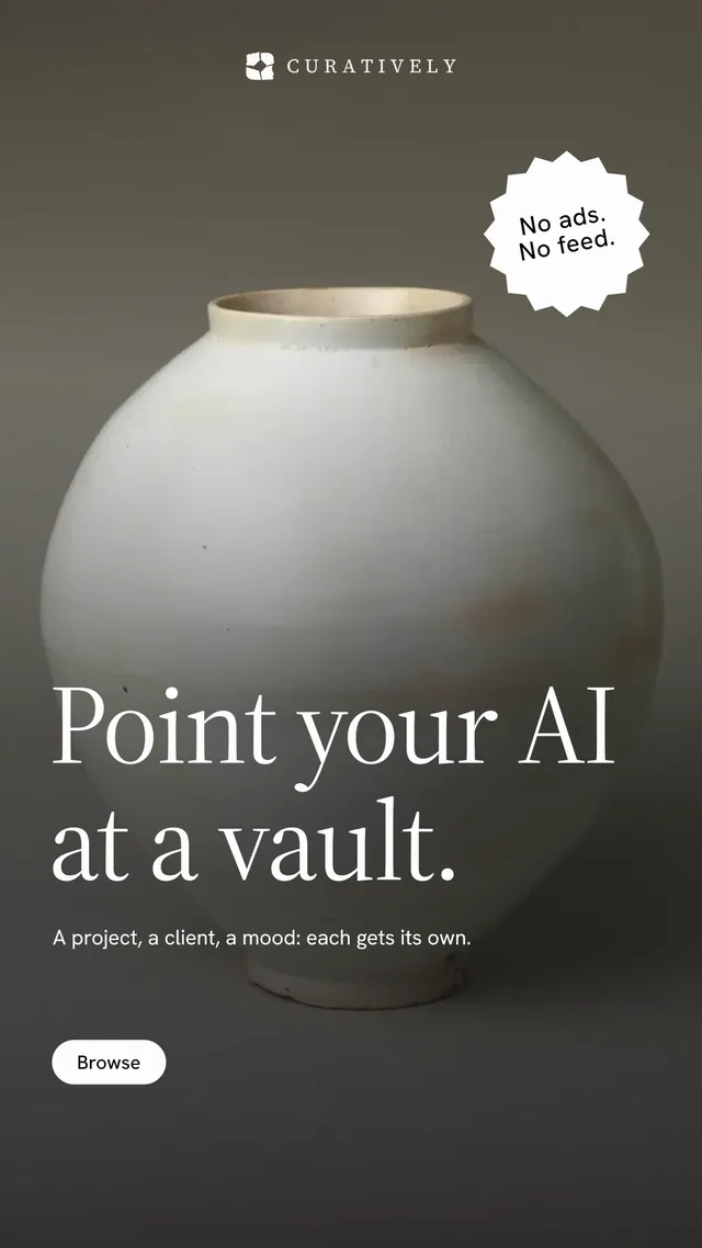 Instagram story for Curatively: "Point your AI at a vault." Photo poster style, sticker layout, dark palette in grey, black.