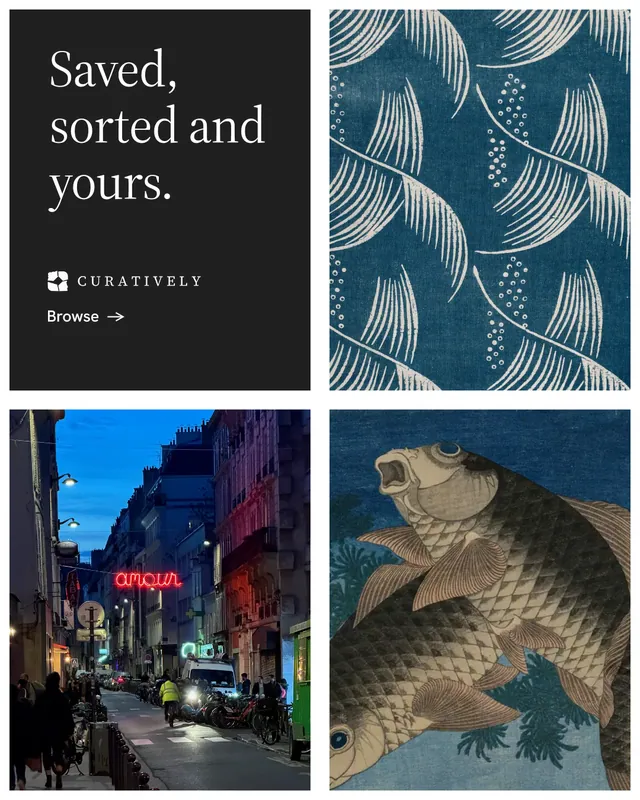 Instagram portrait post for Curatively: "Saved, sorted and yours." Minimal luxury style, collage layout, dark palette in grey, black, blue.