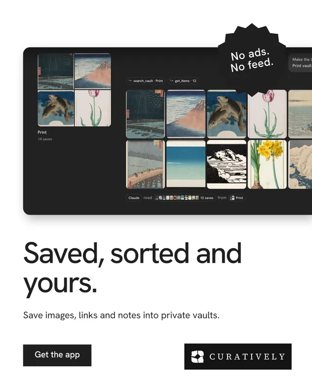 Instagram portrait post for Curatively: "Saved, sorted and yours." Swiss style, sticker layout, light palette in white, black, grey.