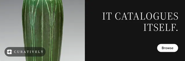 X header for Curatively: "It catalogues itself." Photo poster style, right layout, dark palette in black, grey.