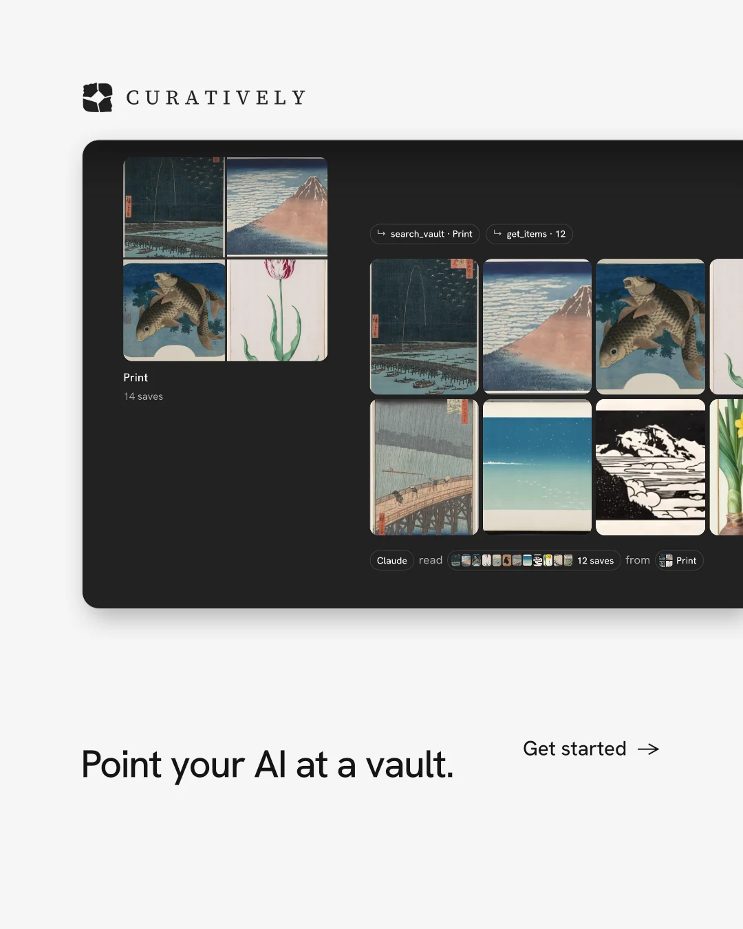 Instagram portrait post for Curatively: "Point your AI at a vault." Editorial style, image led layout, light palette in white, black, grey.
