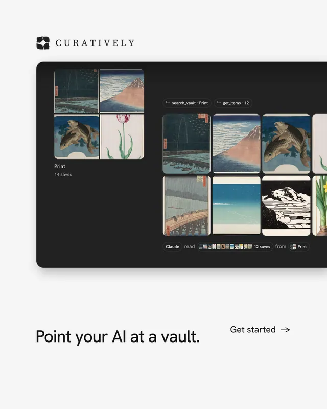 Instagram portrait post for Curatively: "Point your AI at a vault." Editorial style, image led layout, light palette in white, black, grey.