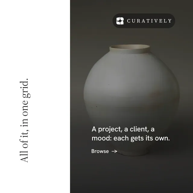 Instagram post for Curatively: "All of it, in one grid." Minimal luxury style, vertical layout, light palette in white, black, grey.