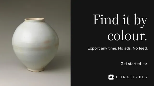 Landscape graphic for Curatively: "Find it by colour." Minimal luxury style, right layout, dark palette in black, grey.