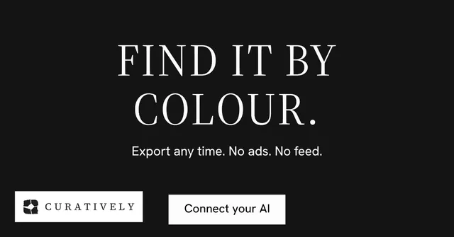 Social ad for Curatively: "Find it by colour." Split block style, centred layout, dark palette in black, grey.