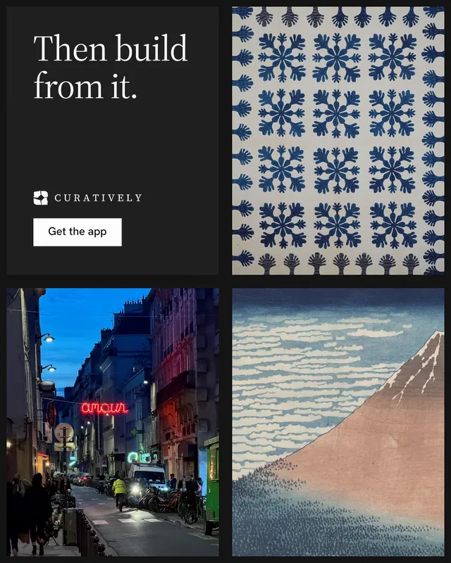 Instagram portrait post for Curatively: "Then build from it." Split block style, collage layout, dark palette in grey, black.