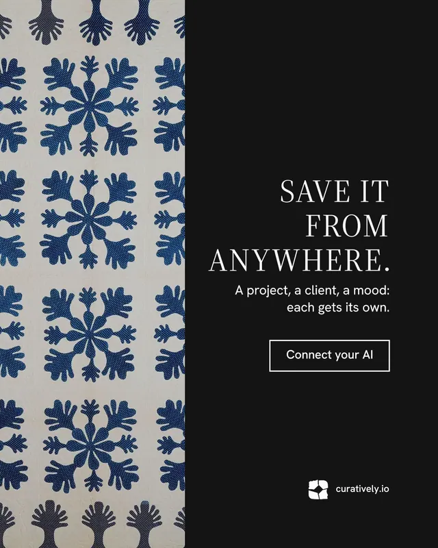 Instagram portrait post for Curatively: "Save it from anywhere." Editorial style, right layout, dark palette in black, grey.