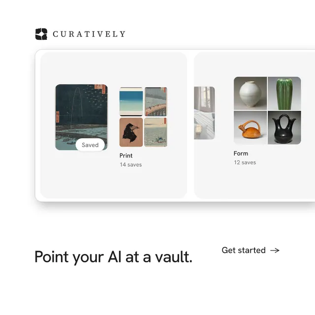 Instagram post for Curatively: "Point your AI at a vault." Minimal luxury style, image led layout, light palette in white, grey.