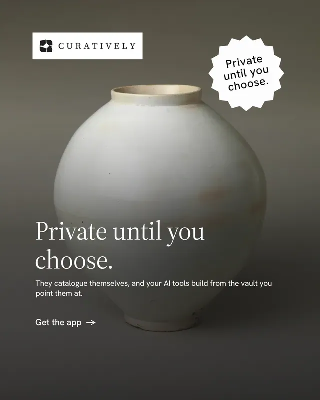 Instagram portrait post for Curatively: "Private until you choose." Minimal luxury style, sticker layout, dark palette in grey, black.